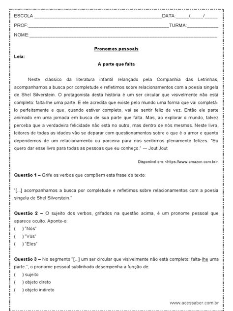 Atividade De Portugues Pronomes Pessoais Retos E Obliquos 9º Ano Word Pdf Linguística