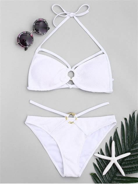 Off Rings Strappy Halter Bikini Set In White Zaful