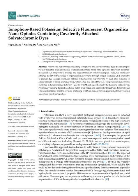 Pdf Ionophore Based Potassium Selective Fluorescent Organosilica Nano