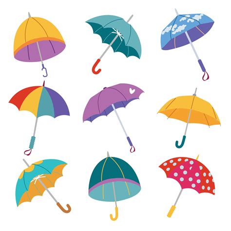 Set Of Colorful Umbrellas Open Umbrellas Hand Drawn Color Vector Illustration Cartoon Style