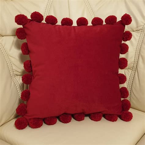 Red Pillow Cover With Pom Poms Red Pom Pom Pillow Case Red Etsy