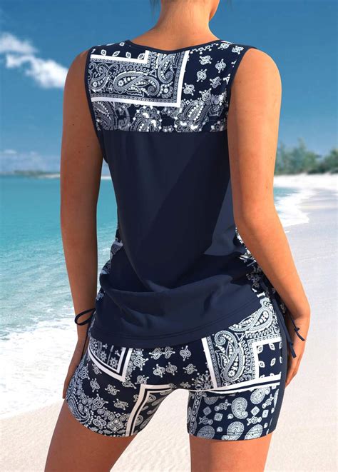 Mid Waisted Tribal Print Drawstring Navy Tankini Set Rosewe Usd