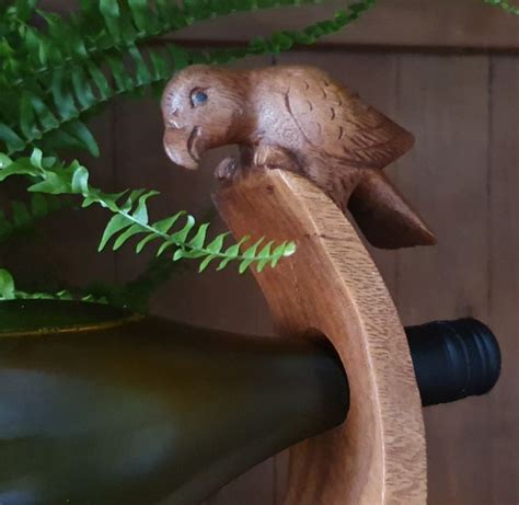 Hand Carved Curved Wine Bottle Holder Parrot