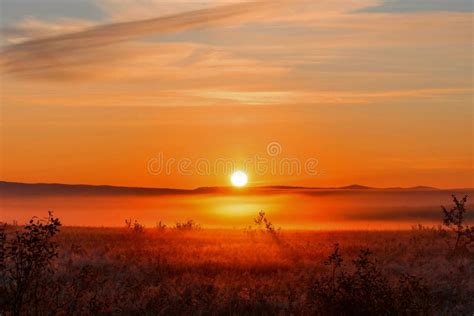 Frosty Autumn Landscape At Sunrise On Meadow Colorful Scenery Autumn