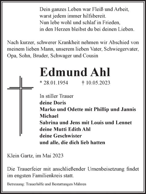 Traueranzeigen Von Edmund Ahl Abschied Nehmen De