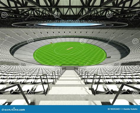 D Render Of A Round Cricket Stadium With White Seats And Vip Boxes