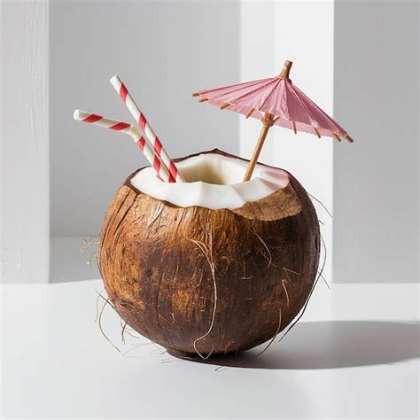 A Coconut With A Straw And An Umbrella In It And A Straw In The Middle