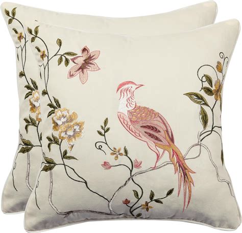 Tosleo Embroidered Throw Pillow Covers 18x18 Inch Pack Of 2 Pink Bird With Flowers