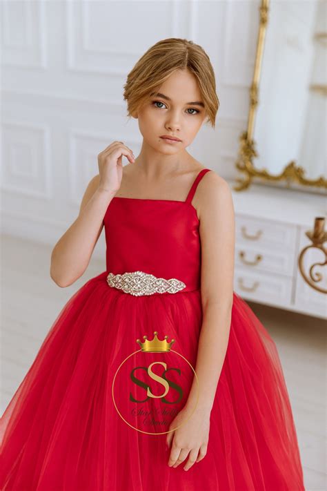 Red Flower Girl Dress Satin Flower Dress Tulle Dress Party Etsy