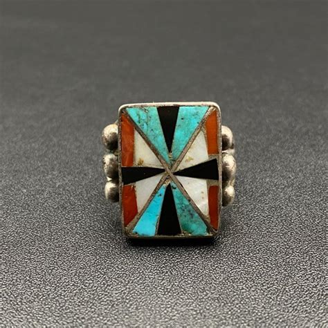 Vintage Zuni Native Turquoise Coral MOP Hand Made Sil Gem