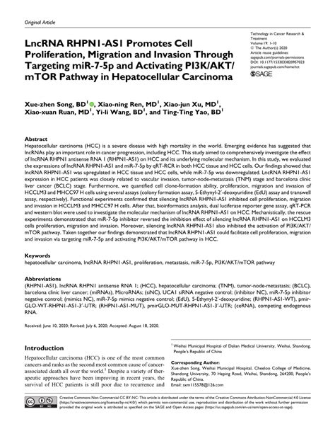 Pdf Lncrna Rhpn1 As1 Promotes Cell Proliferation Migration And Invasion Through Targeting Mir