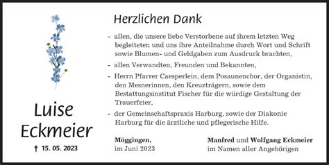 Traueranzeigen Von Luise Eckmeier Augsburger Allgemeine Zeitung