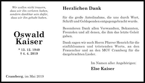 Traueranzeigen Von Oswald Kaiser Rz Trauer De