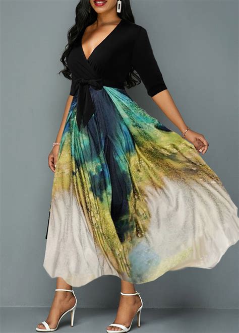 Rotita Plunging Neck Tie Dye Print Belted Maxi Dress Usd