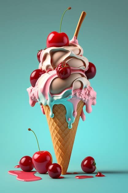 Premium Photo | Ice cream cone with cherries generative ai