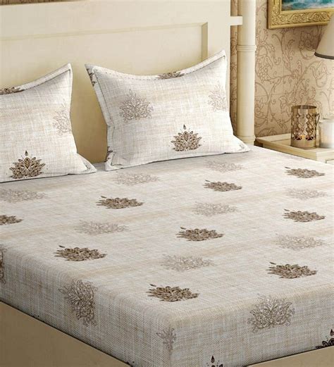 Buy Beige Traditional 250 Tc Cotton Queen Sized Bed Sheets With 2