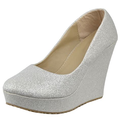 Womens Platform Shoes Glitter Accent Closed Toe Slip On Wedges Silver