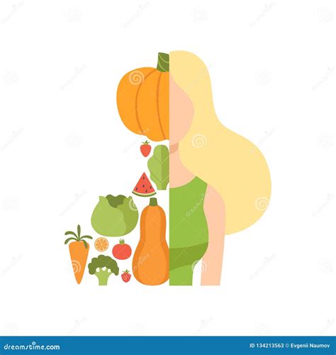 Young Beautiful Woman Made with Fresh Fruits and Vegetables, Healthy