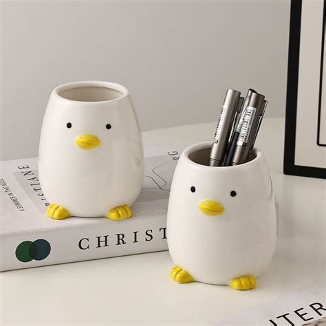 Cute Ceramic Duck Pen Holder Office Organize FeelGift