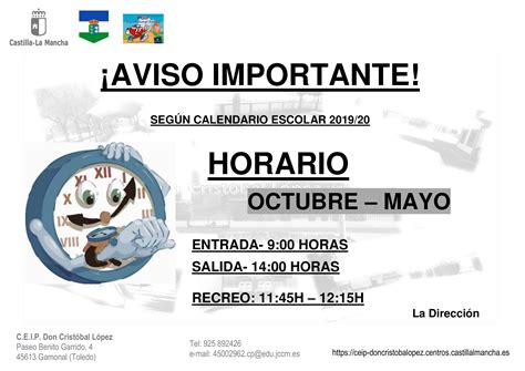 HORARIO OCTUBRE MAYO CURSO 2019 20 CEIP Don Cristóbal López Gamonal