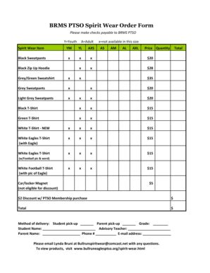 Fillable Online Bullruneaglesptso Spirit Wear Order Form