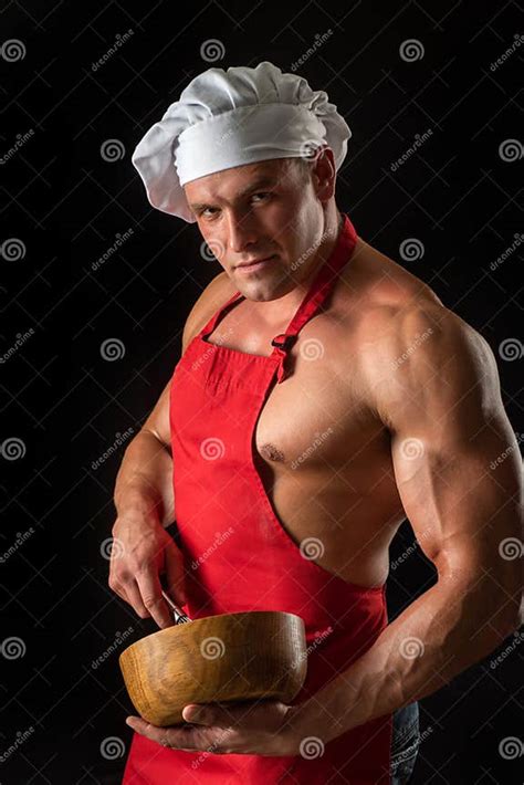 Cooking Man In Apron Muscular Chef With Bowl Sports Diet Stock Photo