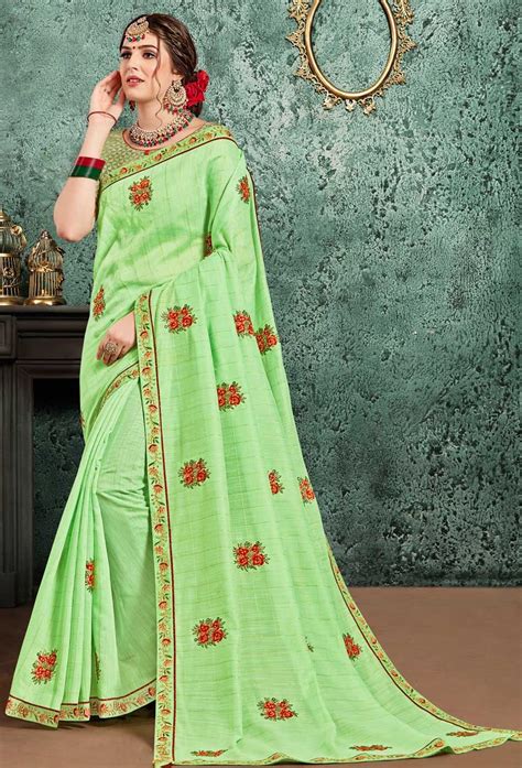 Green Raw Silk Embroidery Saree Raw Silk Saree Saree Designs Silk