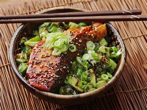 Easy Teriyaki Glazed Salmon Cucumber And Avocado Rice Bowls Recipe