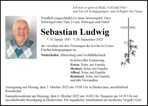 Traueranzeigen Von Sebastian Ludwig Mittelbayerische Trauer