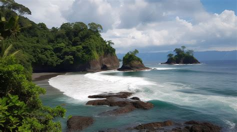 Fundo Paisagem De Belas Rvores E Montanhas Um Oceano E Praia Fundo