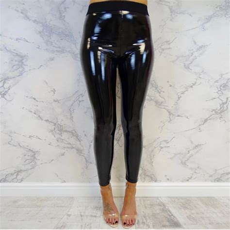 Women S Solid Black High Waist Elastic Pencil Pants Sexy Tight PU