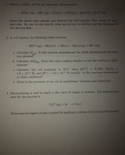 Solved 1 Sketch A Voltaic Cell For The Following Redox