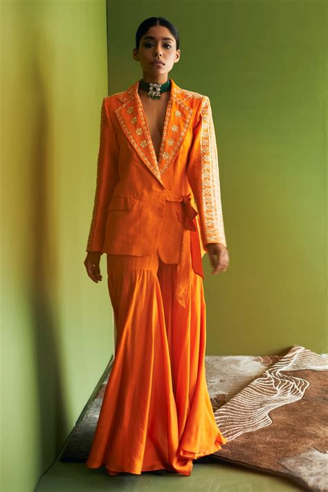 Buy Orange Vegan Silk Embroidered Sequin Notched Lapel Blazer Sharara