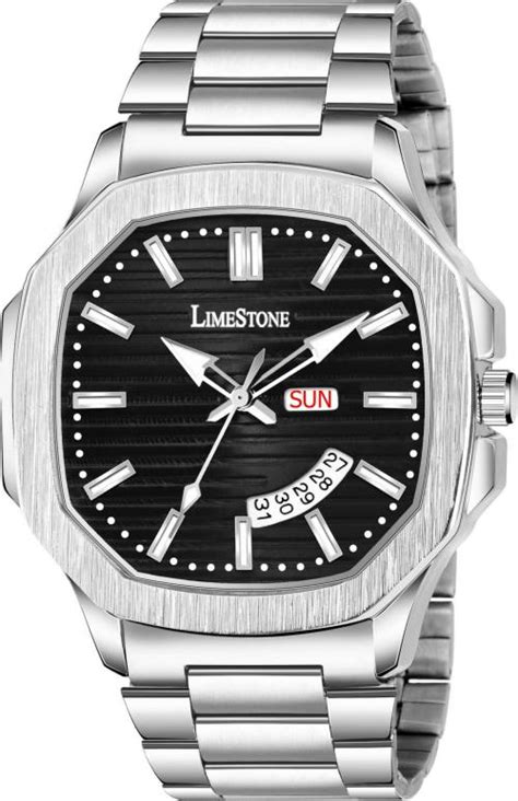 Buy Limestone Day And Date Function Black Dial Silver Strap Analog