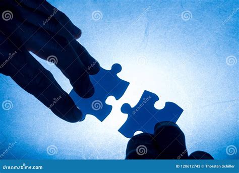 Hand Moving Two Blue Colored Puzzle Pieces Blue Contact Stock Image