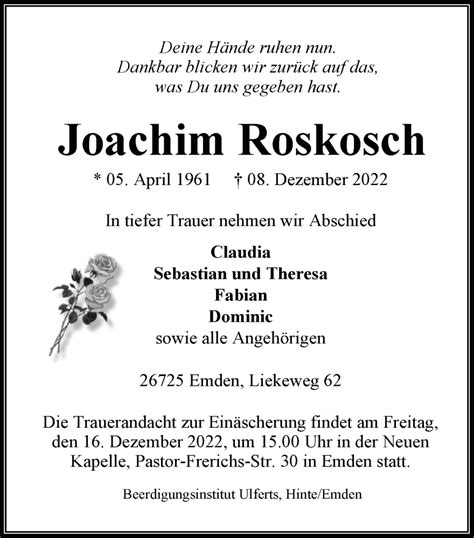 Traueranzeigen Von Joachim Roskosch Nordwest Trauer De