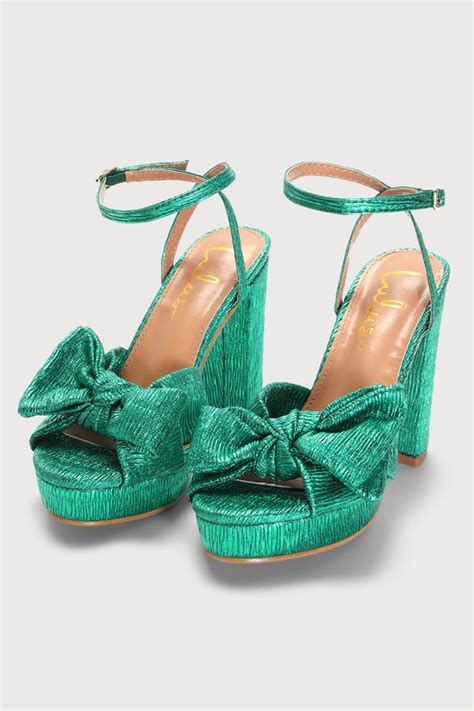 Lila Green Metallic Heels Crinkle Platform Heels Bow Heels Lulus