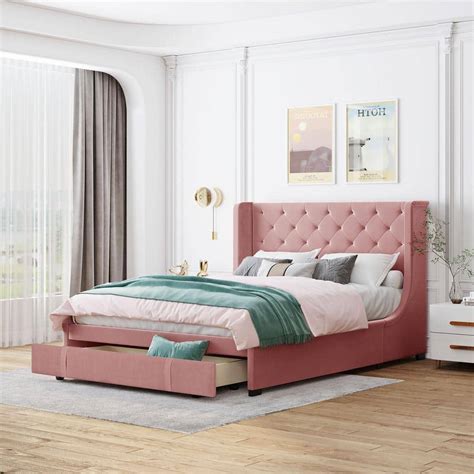 Harper And Bright Designs Pink Wood Frame Queen Storage Bed Velvet