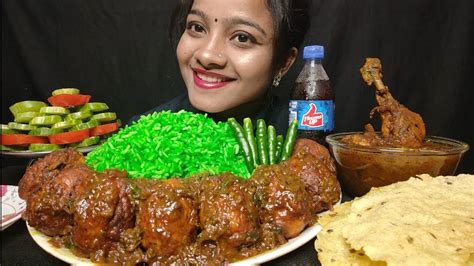 Asmr Eating Spicy Chicken Curry With Egg Curry And Green Rice Eating