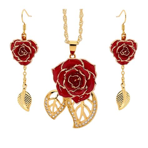 Gold Dipped Rose & Red Matched Jewelry Set in Leaf Theme