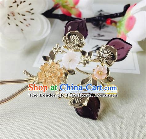 Handmade Asian Chinese Classical Hair Accessories Ancient Purple Flower Hair Stick Hairpins For