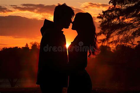 Sunset Photo of Silhouettes of a Couple in Love Stock Illustration ...