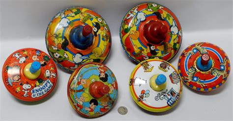 Lot Vintage Lot Of 6 Misc Ohio Art Tin Litho Spinning Tops Snoopy