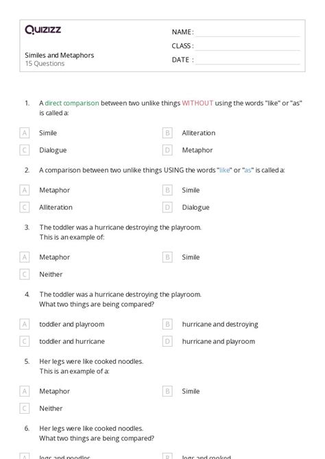 Metaphors Worksheets For Rd Grade On Quizizz Free Printable