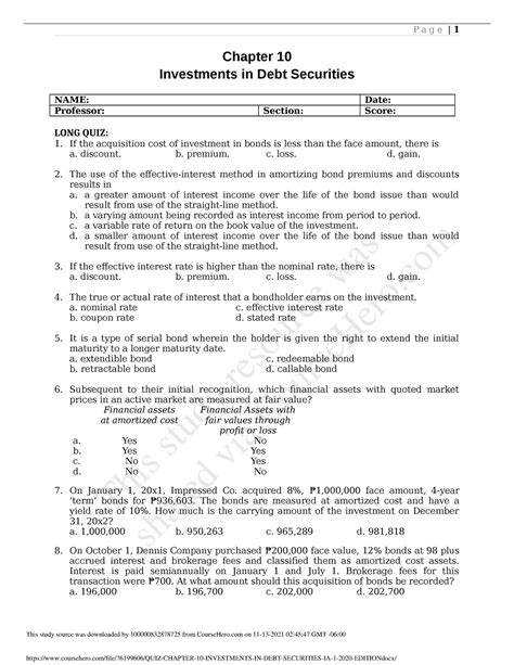 QUIZ Chapter 10 Investments IN DEBT Securities IA 1 2020 Edition