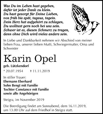 Traueranzeigen Von Karin Opel Abschied Nehmen De