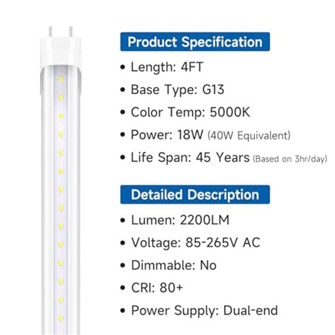 SHINESTAR 36 Pack T8 LED Bulbs 4 Foot 18W 5000K Daylight Clear Cover