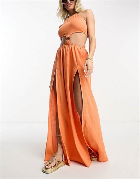 Asos Design Fuller Bust Halter Maxi Beach Dress In Orange Crinkle Asos