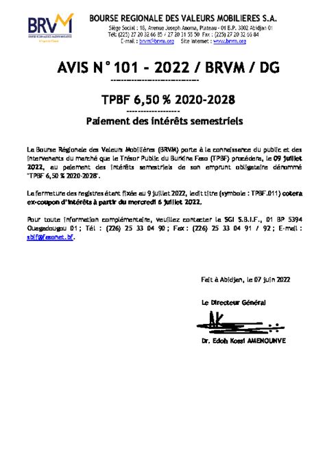 Avis N101 BRVM 2022 Paiement des intérêts semestriels TPBF 6 50