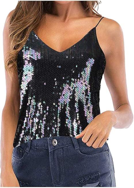 Geilisungren Damen Mode Glitzer Pailletten Tank Top Sexy V Ausschnitt